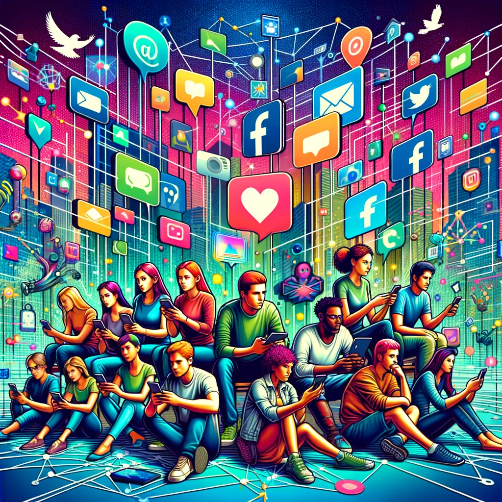 A digital illustration showing a diverse group of people, of various backgrounds and ages, using social media platforms on their devices. They are connected by digital lines and networks in a modern urban environment, showcasing the unity and interconnectedness brought by social media.
