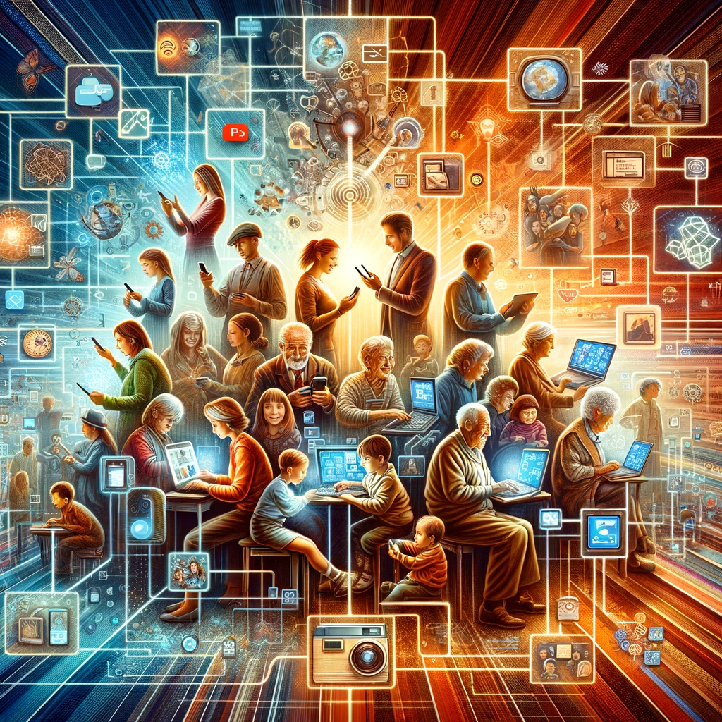 A digital image showcasing people of various ages, from young to elderly, using social media on diverse devices, connected by digital threads or beams, with a background blending elements of different eras.