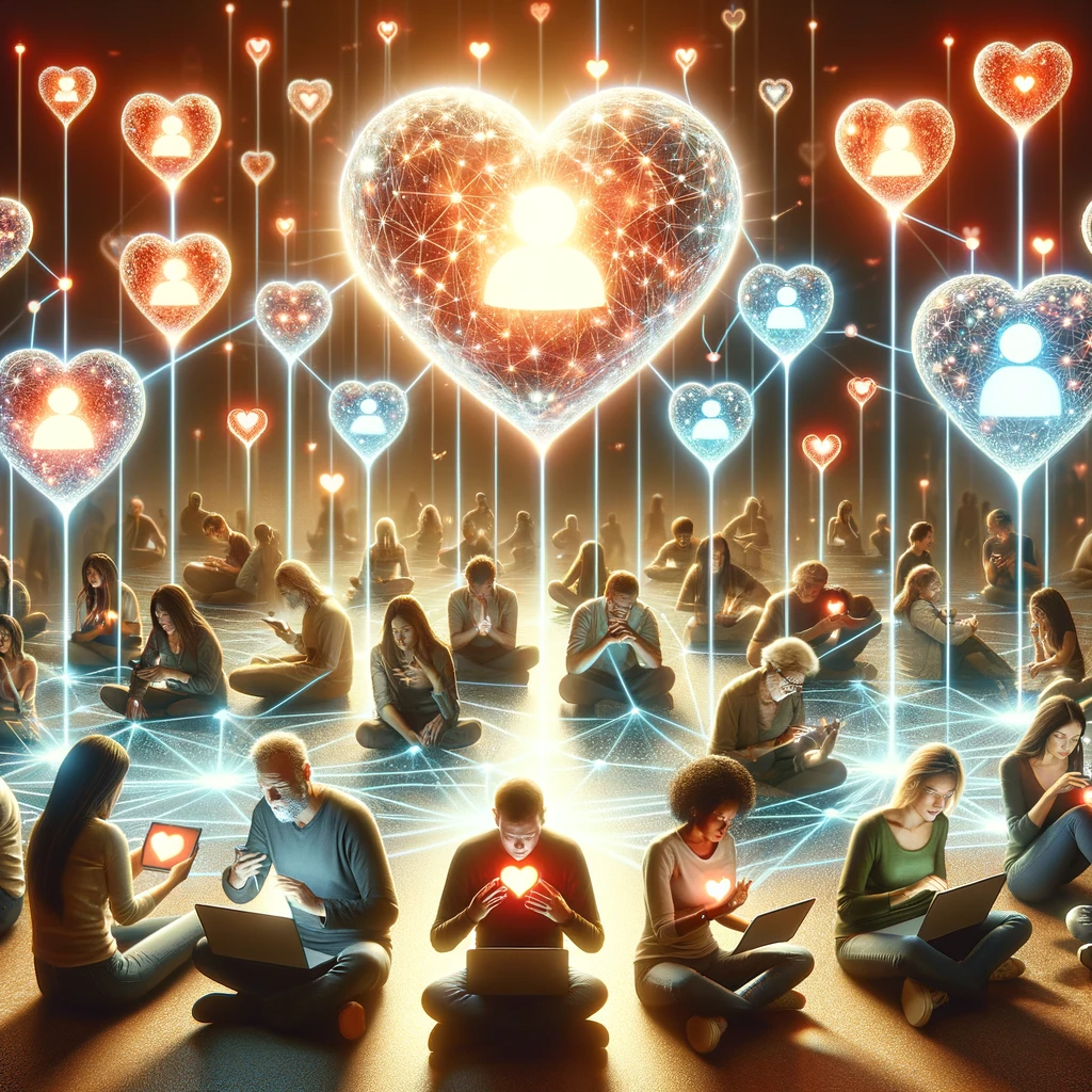 Digital composition with a diverse group of people showing emotions like comfort and empathy, connected by glowing heart-shaped links on social media, set in a warm, nurturing environment.