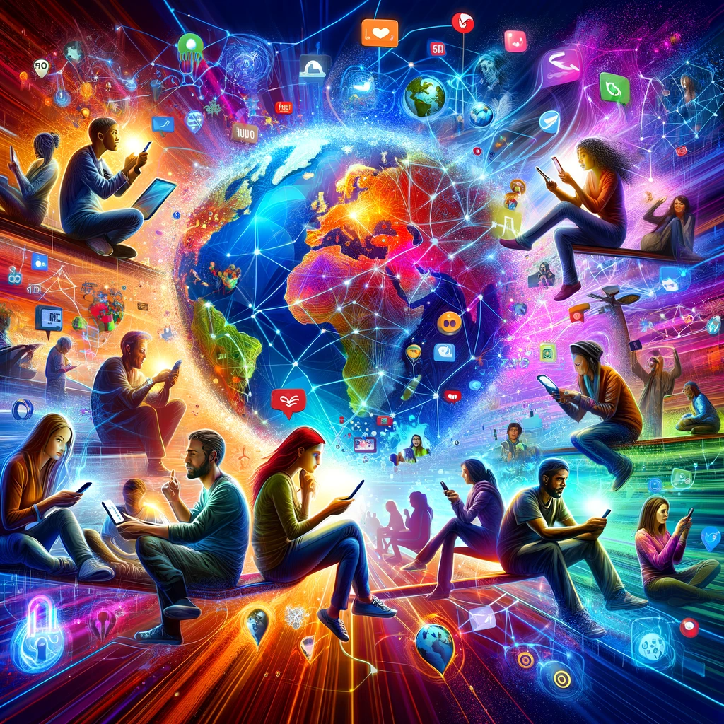 Digital illustration showing diverse individuals using social media on various devices, interconnected by a network of glowing digital lines against an abstract background symbolizing global connectivity.