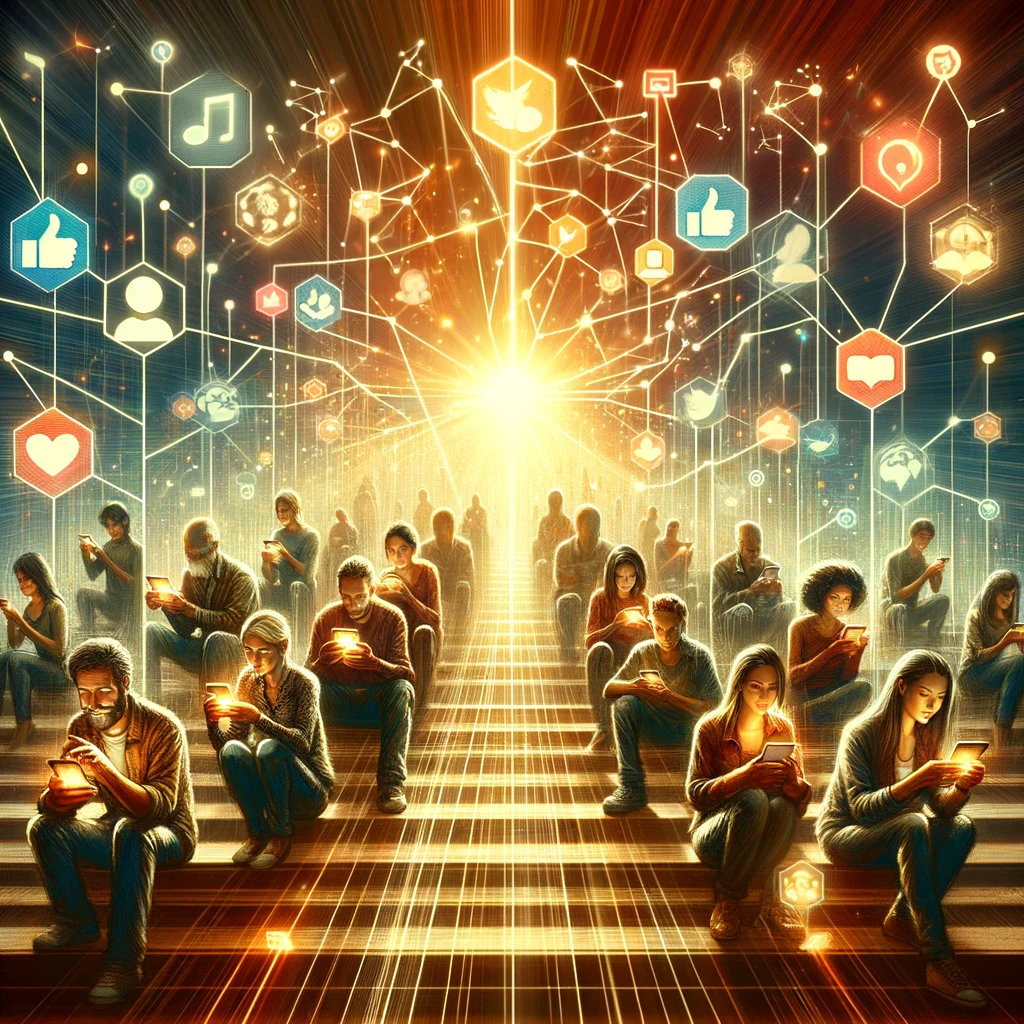 Digital artwork showcasing diverse individuals engaging with social media on various devices, connected by a network of glowing digital lines. The backdrop includes subtle symbols of social media platforms, emphasizing their integral role in modern communication.