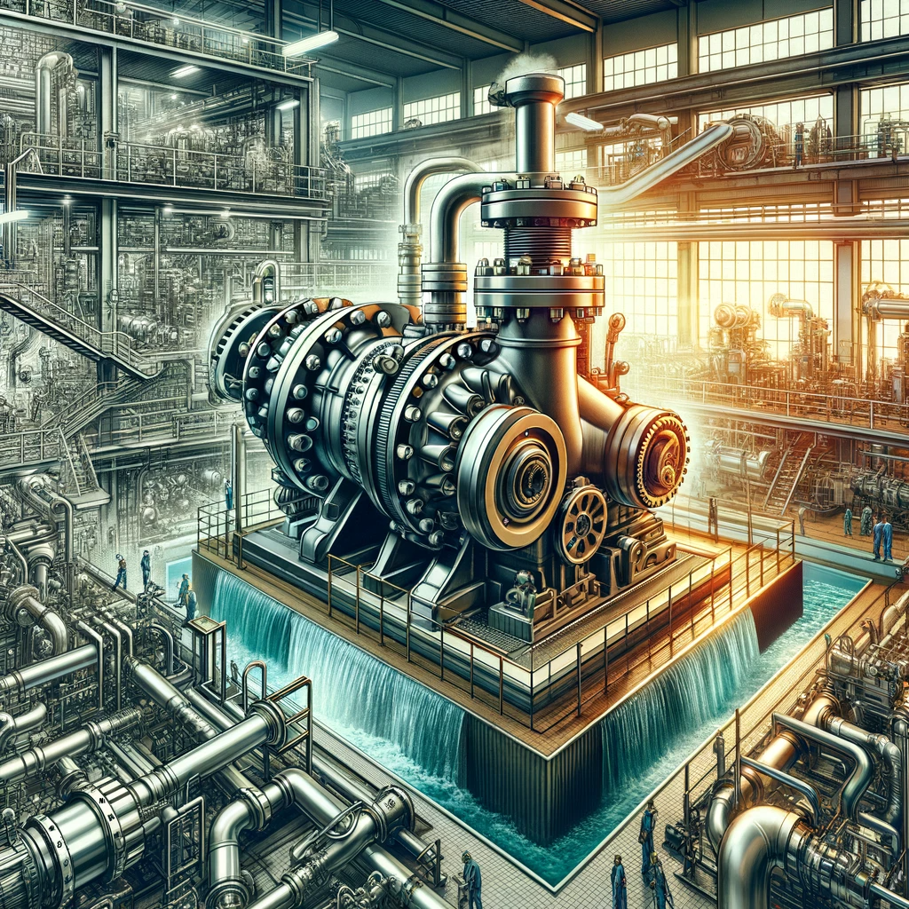 A 'Champion Pump' in a bustling industrial factory setting with intricate piping and machinery.