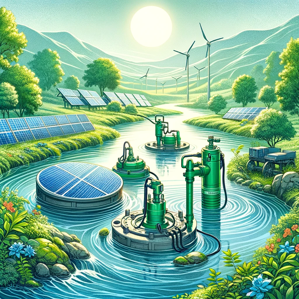 Illustration of Homa Submersible Pumps in a green environment, integrated with renewable energy sources like solar panels and wind turbines.