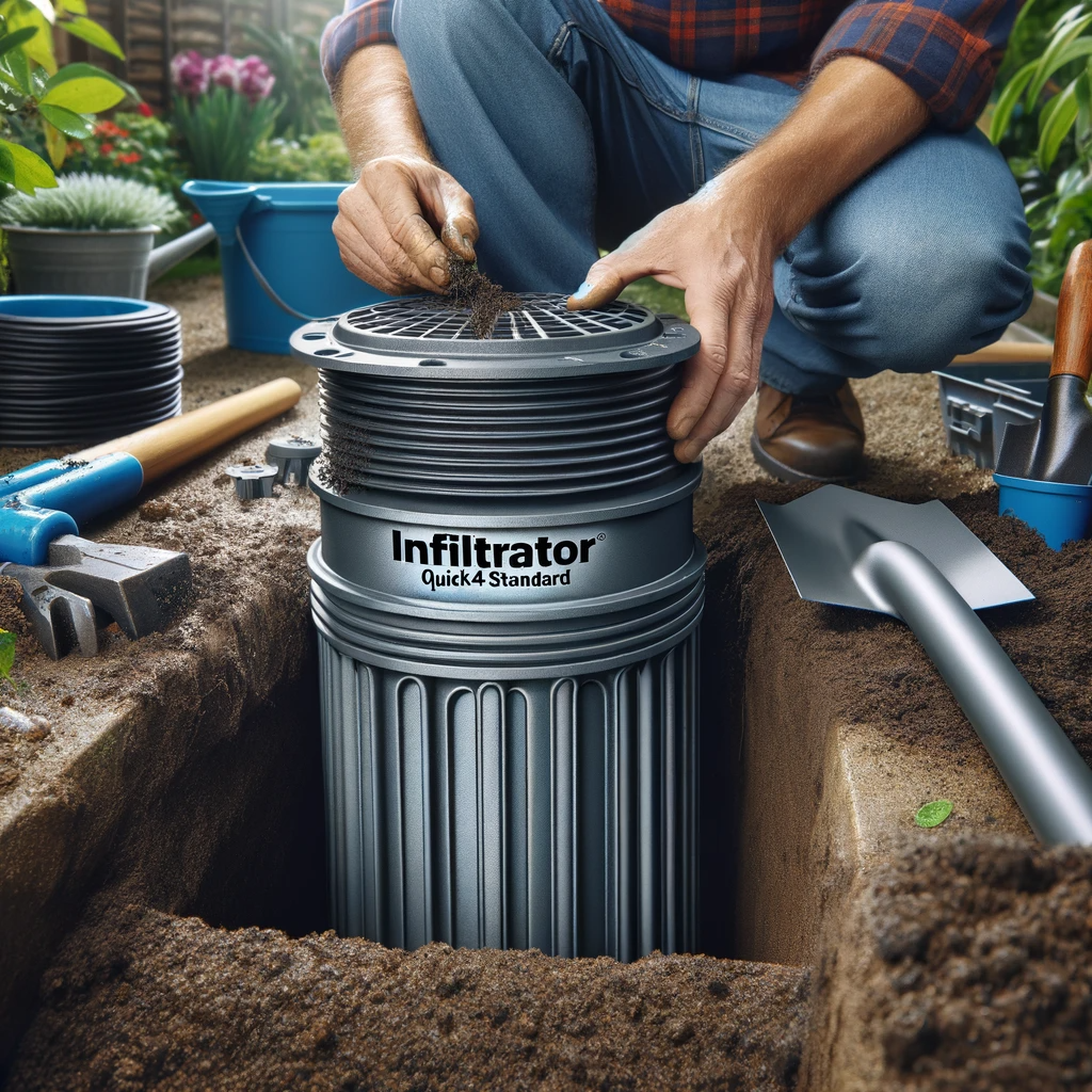 Close-up view of a landscaper installing the Infiltrator Quick4 Standard Chamber in a garden.