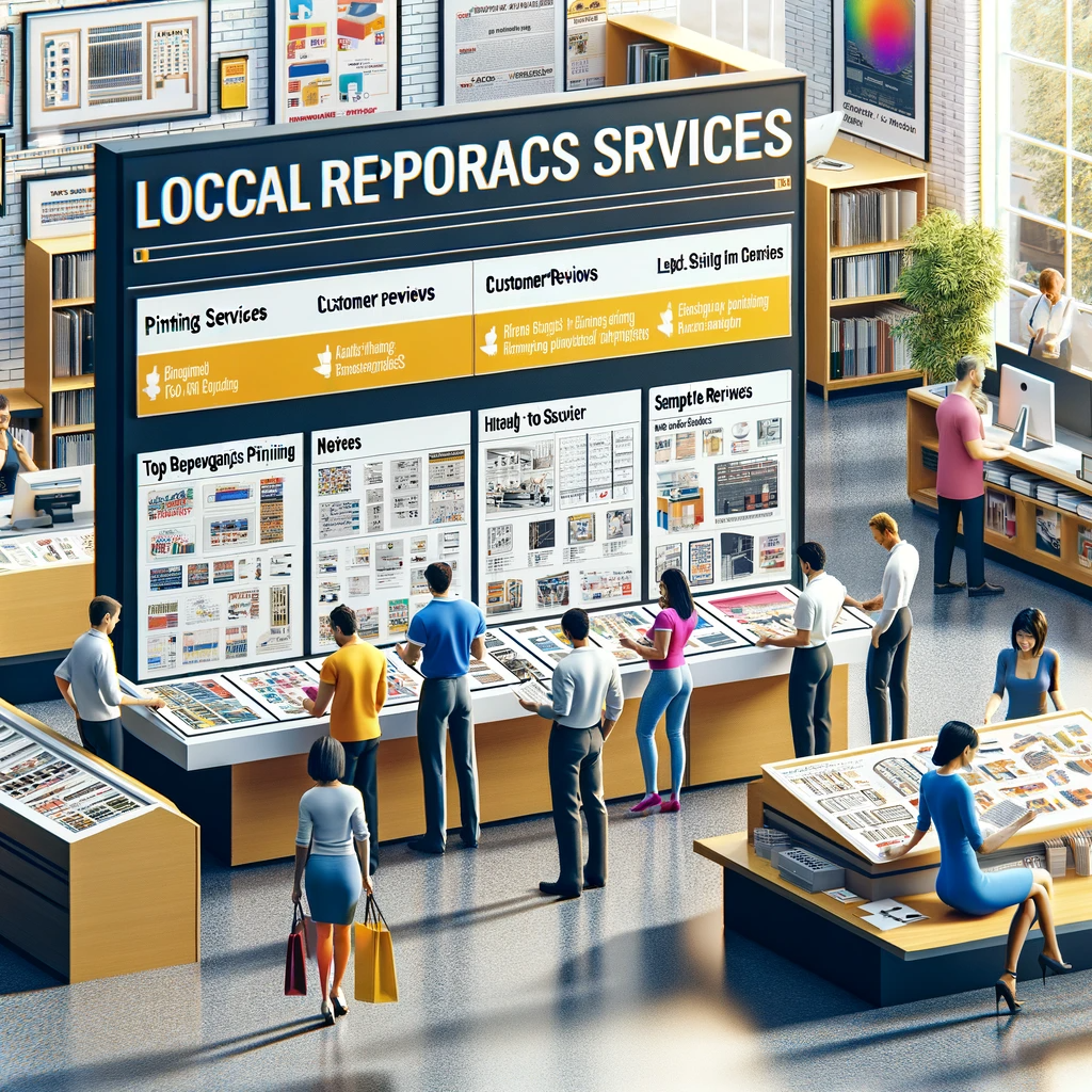  Customers using an interactive directory at a local printing service center to find top reprographics services.