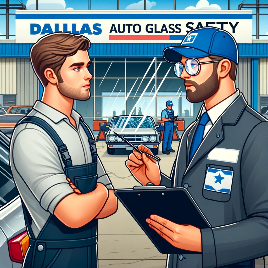 A Dallas motorist getting briefed on auto glass safety by a technician at an outdoor auto repair workshop.