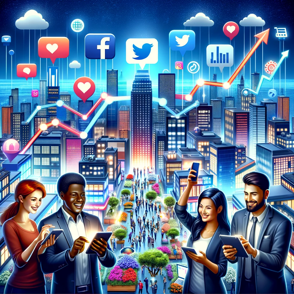 A vibrant illustration showcasing the impact of social media advertising for businesses, with business professionals of diverse backgrounds engaging with social media platforms on their devices against a backdrop of a digital cityscape filled with social media icons.