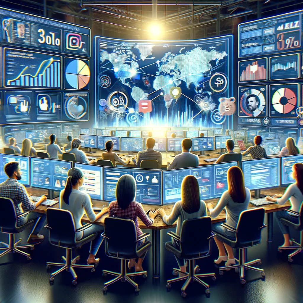 An illustration showing a diverse team of marketing specialists (South Asian woman, White man, Hispanic woman) in a high-tech control room, analyzing social media data to target the right audience, with screens displaying demographics and analytics.