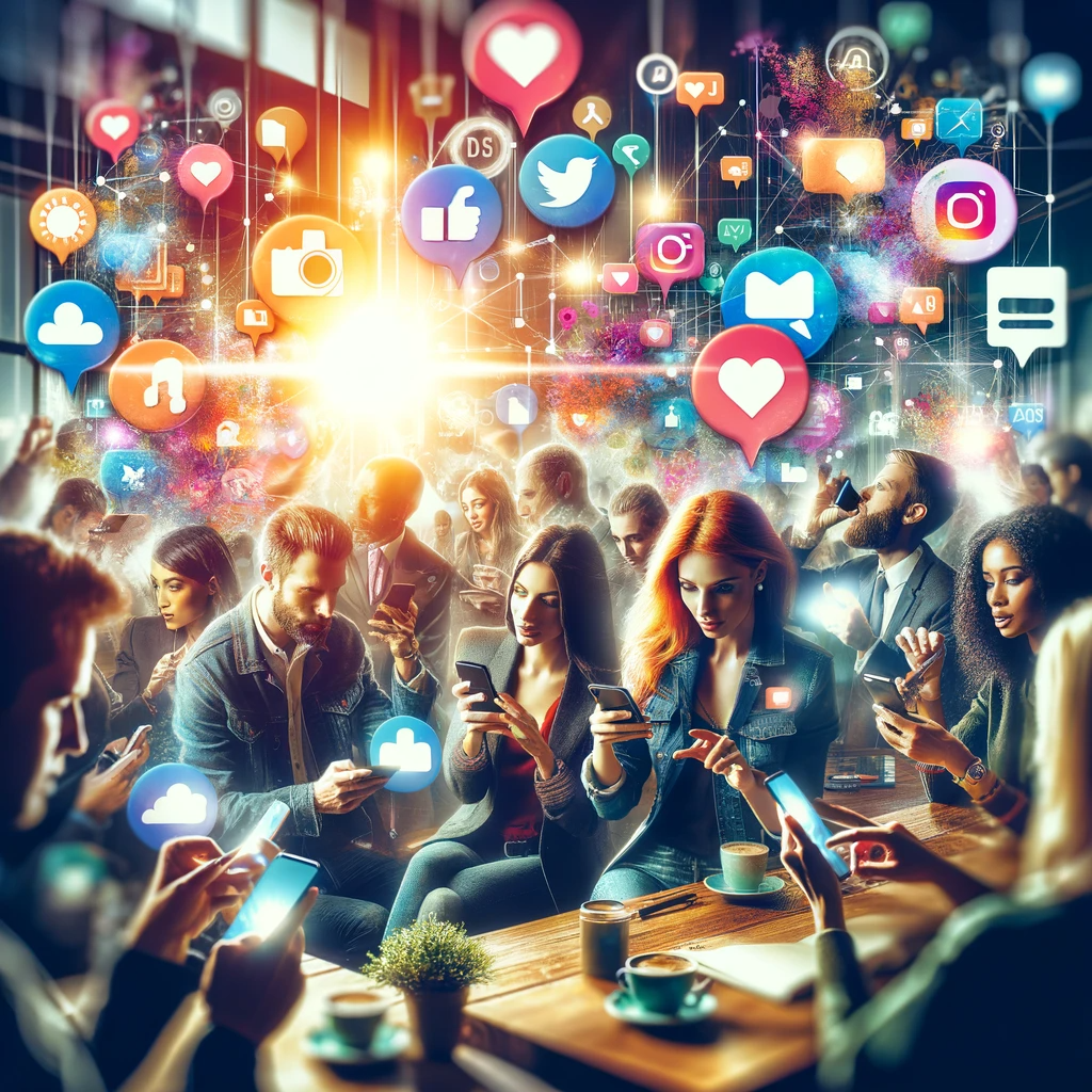 "Diverse group of influencers engaging with social media on their devices, surrounded by engagement symbols."