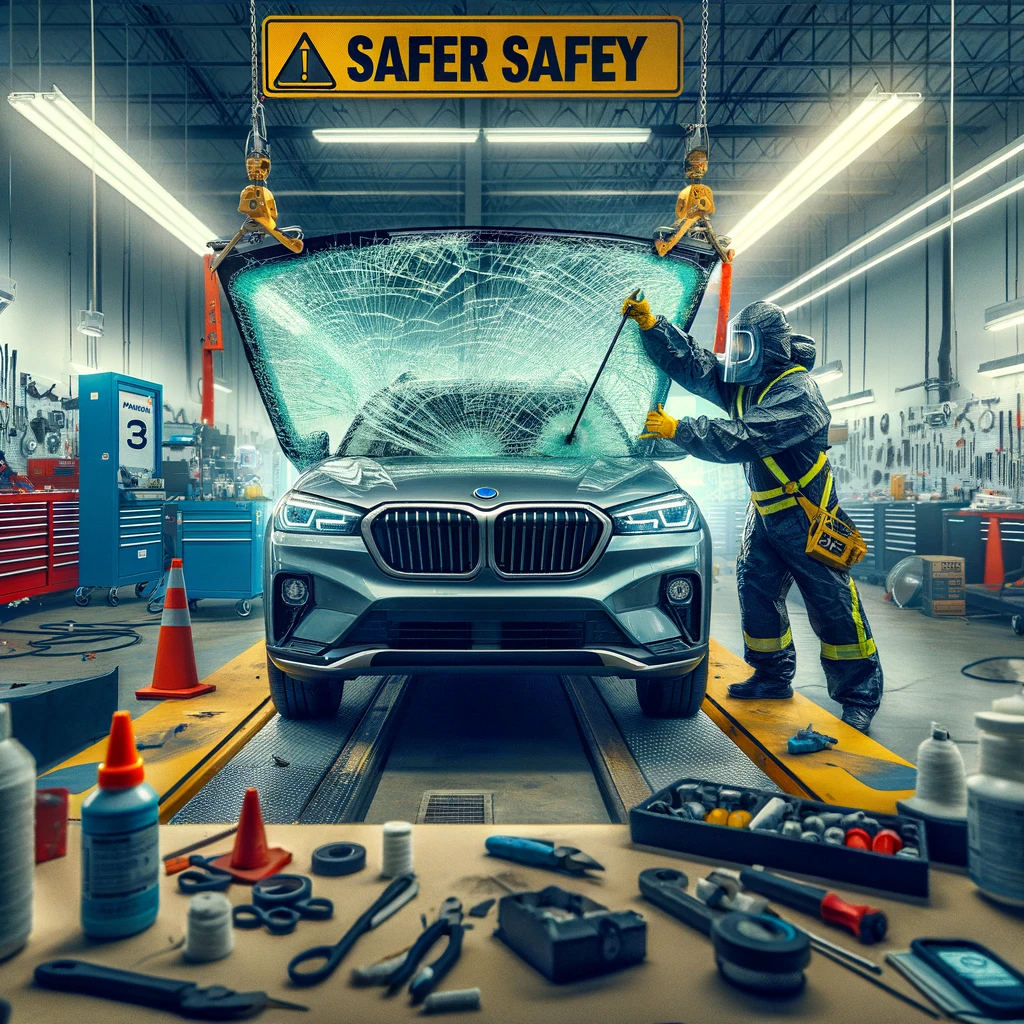  A Dallas auto glass repair shop equipped with safety signs and a mechanic demonstrating safe windshield removal.