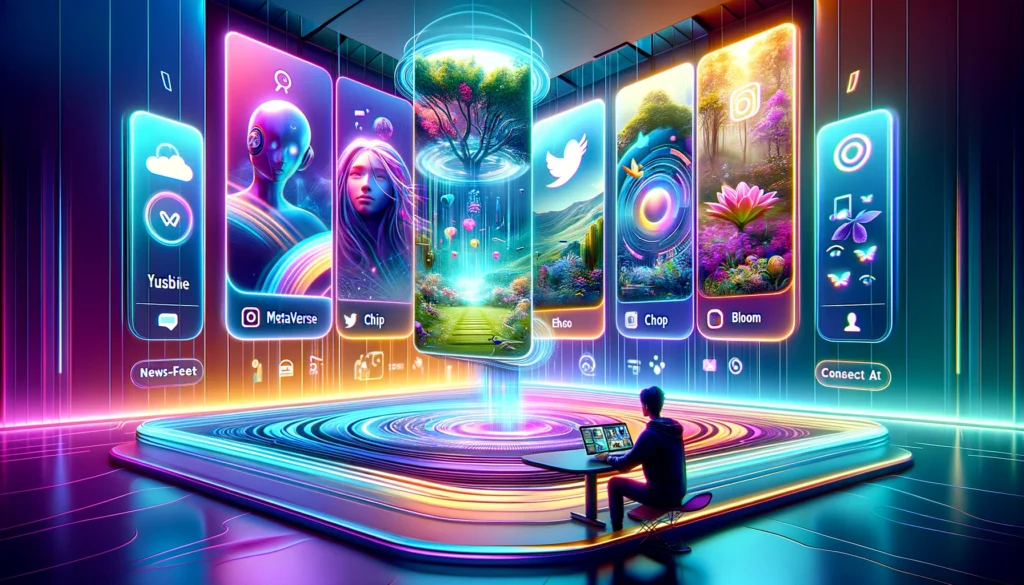 A digital collage representing the top social media apps of 2024, featuring virtual worlds, dynamic interfaces, video creation, serene chat settings, and high-definition content editing.