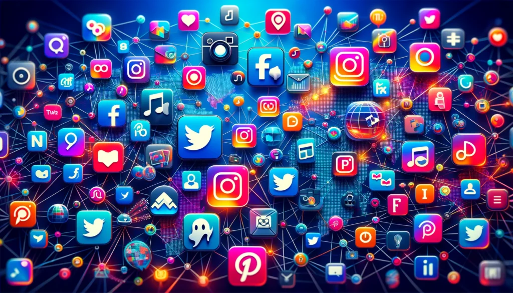 Digital artwork of various social media app icons like Instagram, Twitter, Facebook, TikTok, LinkedIn, Snapchat, and Pinterest interconnected over a digital world map, illustrating global connectivity.
