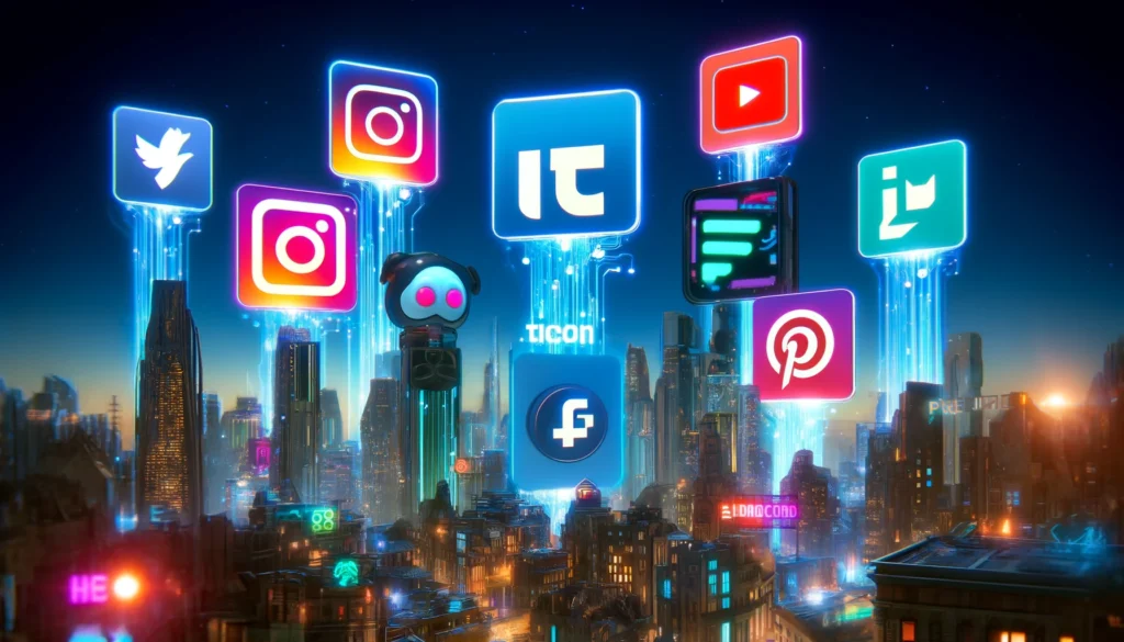 Digital collage of top social media platforms in 2024, featuring animated logos of Instagram, TikTok, LinkedIn, Discord, Clubhouse, Pinterest, and Twitch on skyscrapers in a digital cityscape.