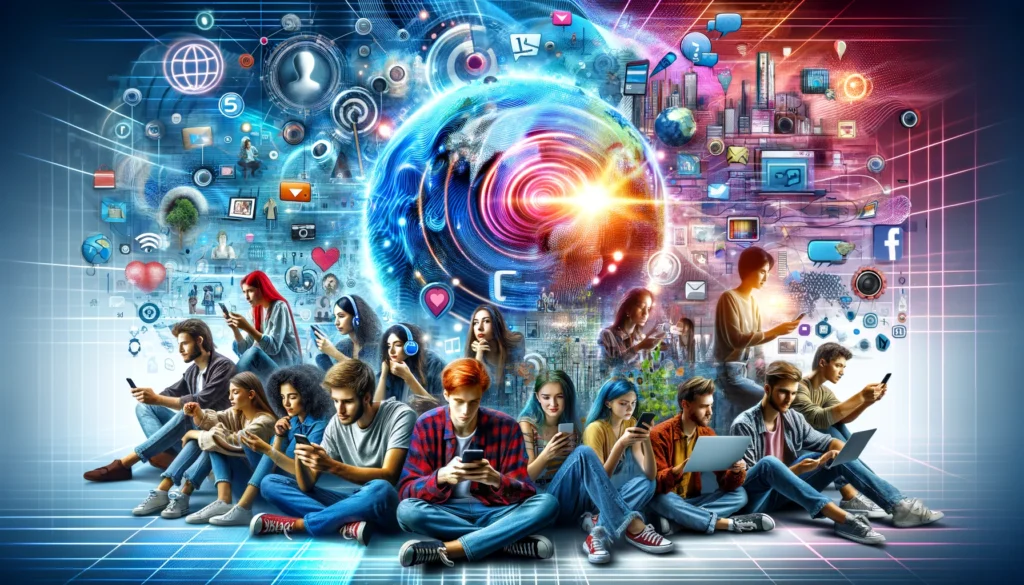 A digital collage showcasing young people using various devices for new social media activities against a backdrop of digital waves and icons.