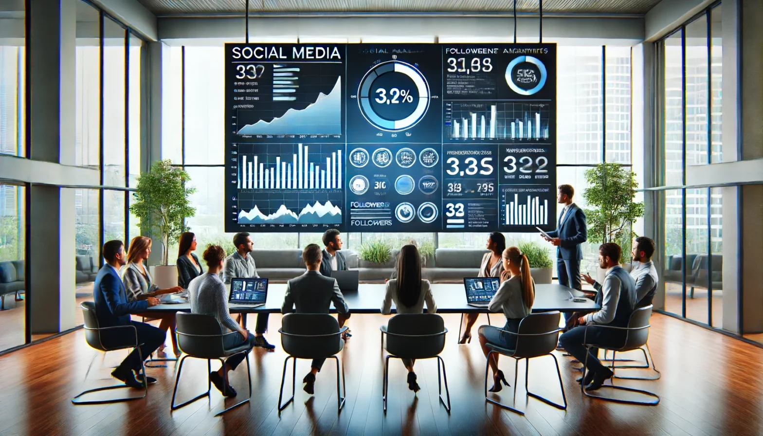 A diverse team of professionals in a modern office setting analyzes social media analytics displayed on a large digital screen. The screen shows various charts and graphs, including engagement rates, follower growth, and audience demographics. The office is sleek with large windows, plants, and modern furniture.