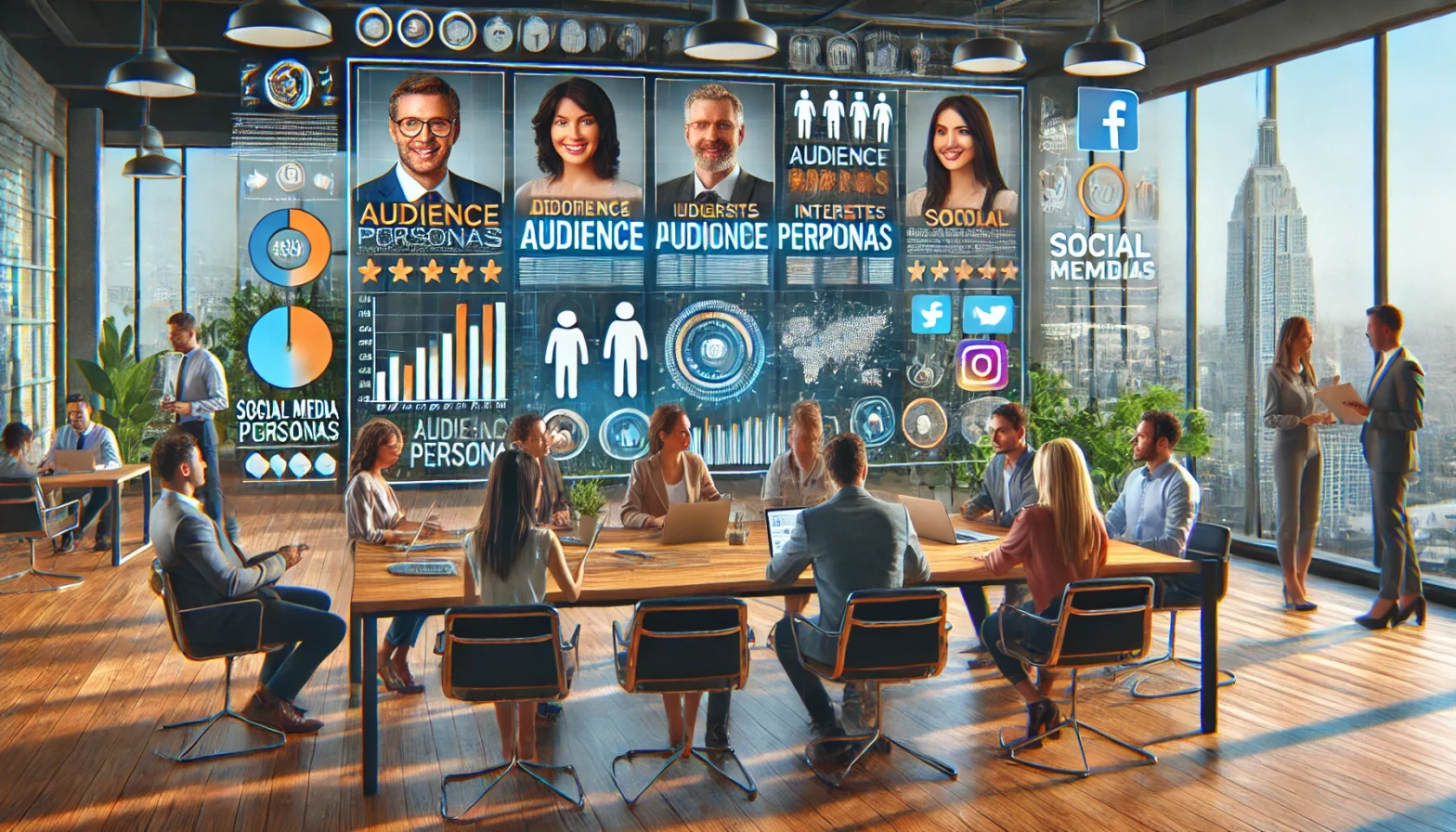 A team of diverse professionals in a modern office environment, collaborating around a large screen displaying detailed audience personas with demographic information, interests, and social media usage patterns. Charts, graphs, and social media icons are visible, enhancing their discussion on optimizing social media strategy.