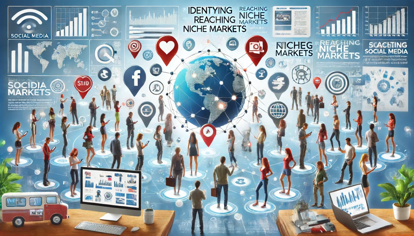 A diverse group of people using various social media platforms, surrounded by icons representing fitness, travel, fashion, technology, and food niches, with analytics charts in the background.
