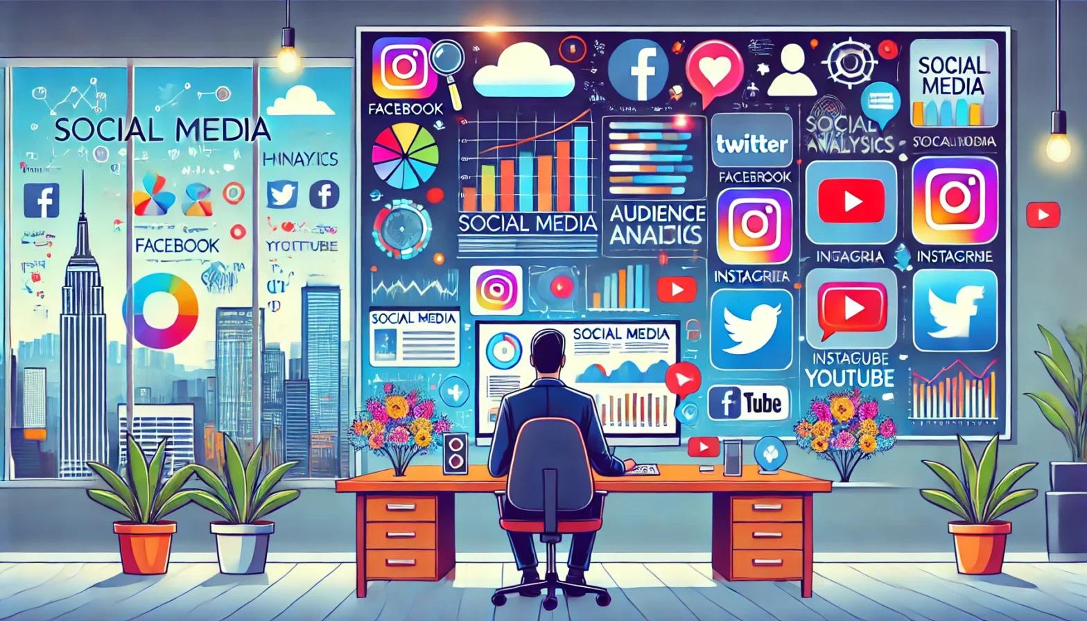 "Social media manager analyzing audience insights on multiple screens displaying graphs, charts, and word clouds, surrounded by icons of popular social media platforms in a modern office with a cityscape view."
